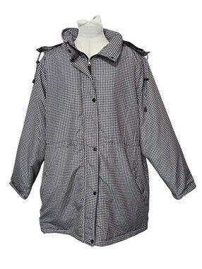VTG Easy Essentials Gingham Winter Puffer Jacket Black White Hooded Womens 2X